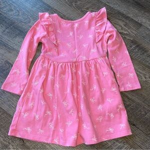 Girls' Pink Long-Sleeve Ruffle Bow Print Dress